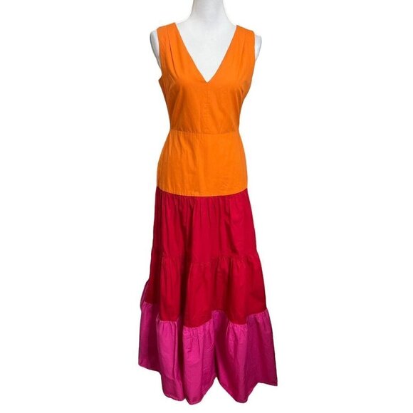 Milly Nicola Colorblock Maxi Dress Pink Orange Women’s Size 4 Cotton Poplin - Picture 2 of 15